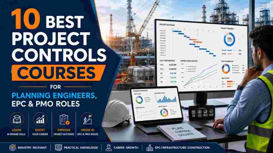 Project controls professional reviewing Gantt charts, earned value dashboards, cost reports, and EPC project schedules for planning engineering courses.