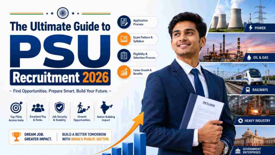 Young Indian job aspirant holding a resume with PSU recruitment 2026 guide, public sector industries, eligibility, exams, and career growth icons.