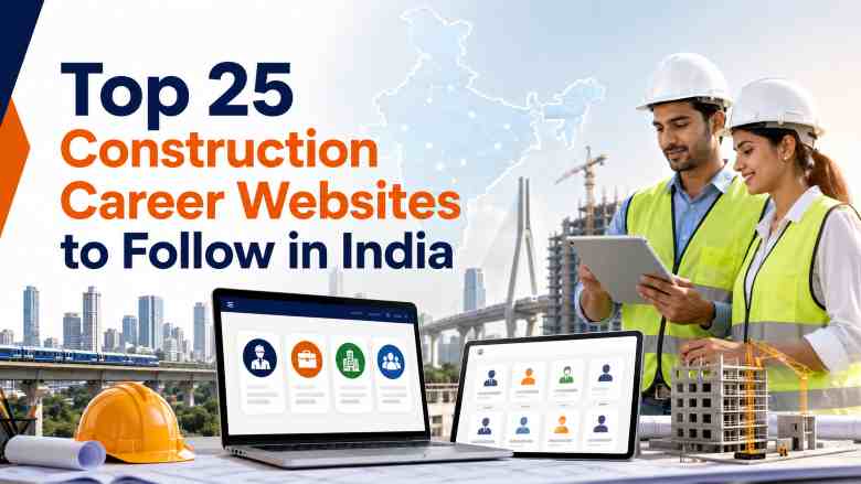 Top 25 construction career websites to follow in India with civil engineers, digital job portals, and infrastructure development visuals.