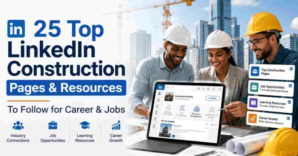 Construction professionals exploring top LinkedIn construction pages and career resources for jobs, networking, learning, and career growth.