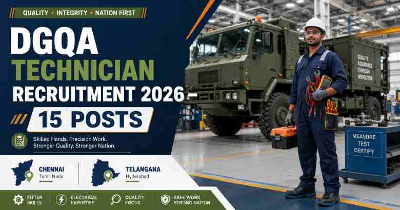 DGQA Technician Recruitment 2026 for 15 ITI posts in Chennai and Telangana
