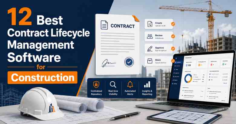 Contract lifecycle management software for construction featuring digital contracts, approval workflows, dashboards, blueprints and construction technology.