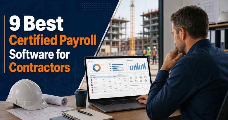 Contractor reviewing certified payroll software and compliance reports for a construction project.