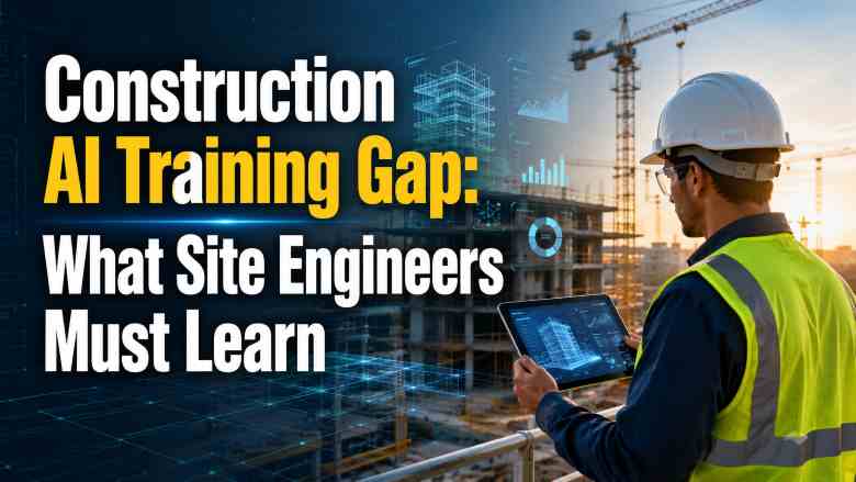 Construction site engineer using a tablet with AI-powered digital dashboards at a building project, representing the construction AI training gap and essential AI skills for site engineers.