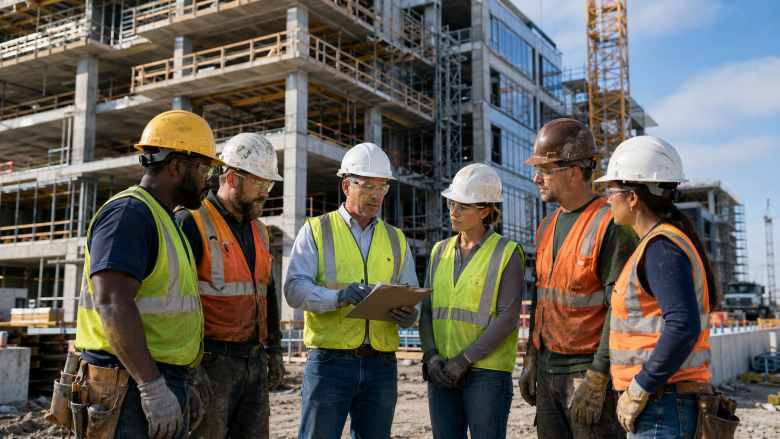 Construction workers on a USA jobsite covered by workers' compensation insurance