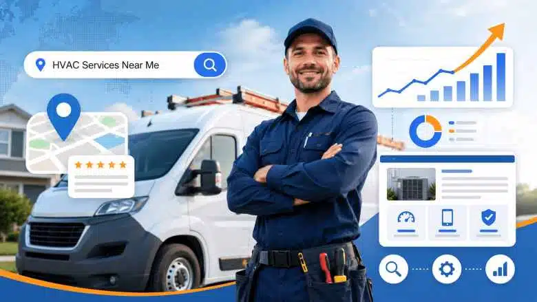 SEO for HVAC companies showing local search, website optimization, reviews, and lead generation
