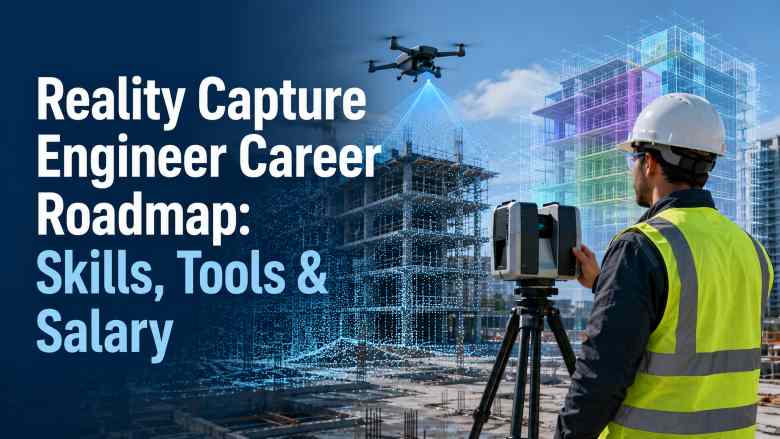 Reality Capture Engineer using a 3D laser scanner on a construction site with drone mapping, point cloud data, and BIM model overlay.