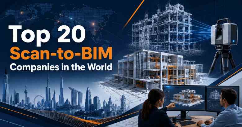 Top 20 Scan-to-BIM Companies in the World featuring laser scanning, point-cloud modelling, BIM coordination, and global AEC technology.