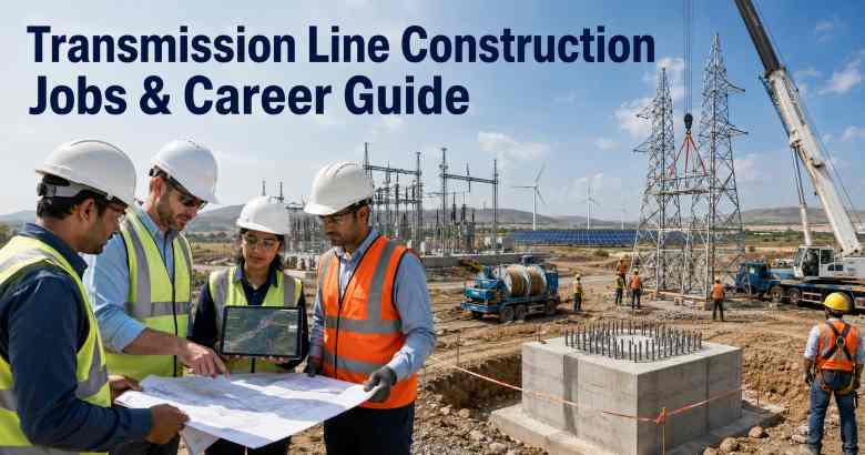 Engineers reviewing transmission line construction drawings at a high-voltage power project with towers, crane, substation, and renewable energy systems.