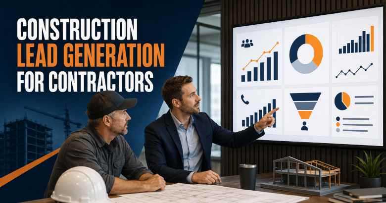 Construction contractor reviewing SEO, PPC and lead-generation performance on a digital marketing dashboard in the USA