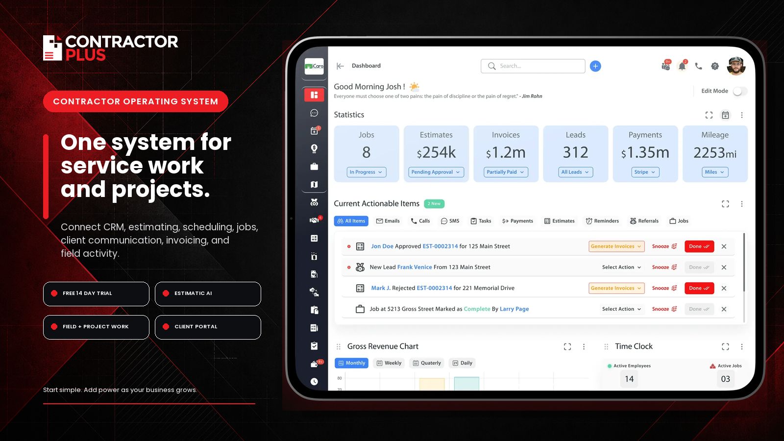 Contractor+ dashboard summarizing jobs, estimates, invoices, leads, payments, mileage, and current team action items.